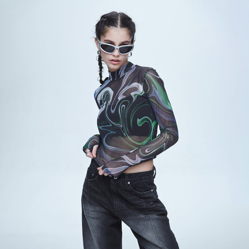 SSERPE MARBLING MESH HALF NECK CROP TEE MULTI