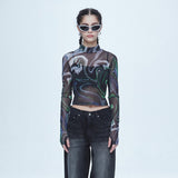 SSERPE MARBLING MESH HALF NECK CROP TEE MULTI