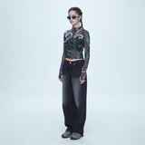 SSERPE MARBLING MESH HALF NECK CROP TEE MULTI