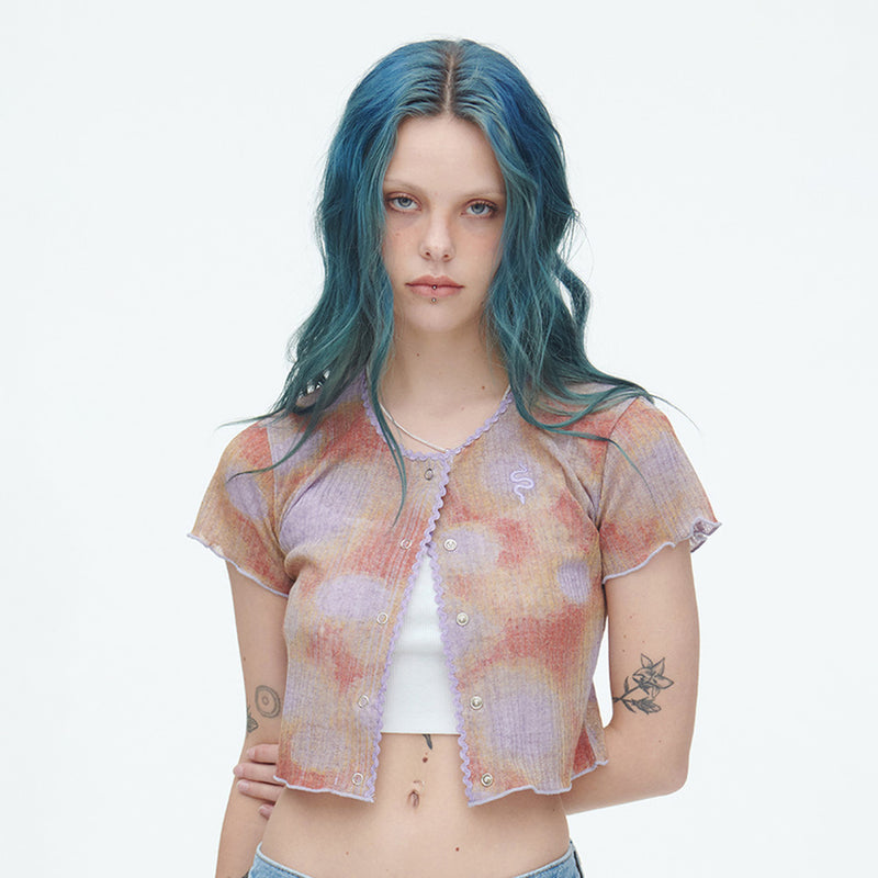 SSERPE WATER BUBBLE TIE-DYE CROP CARDIGAN PURPLE & ORANGE