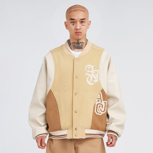 AJOBYAJO WOOL MIXED VARSITY STADIUM JACKET BEIGE