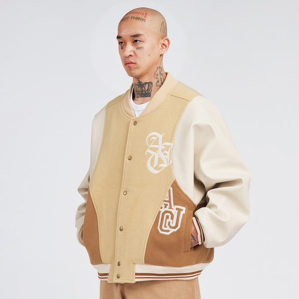 AJOBYAJO WOOL MIXED VARSITY STADIUM JACKET BEIGE