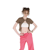 SETSETSET KNIT SHORT SLEEVE CROP CARDIGAN BROWN
