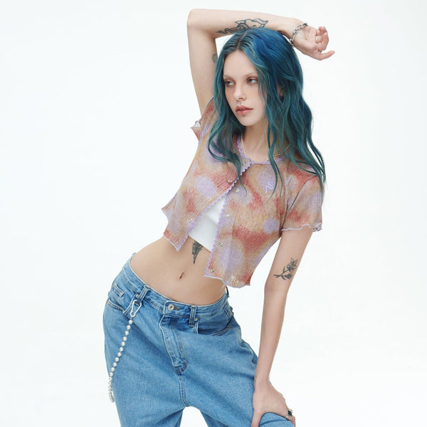 SSERPE WATER BUBBLE TIE-DYE CROP CARDIGAN PURPLE & ORANGE