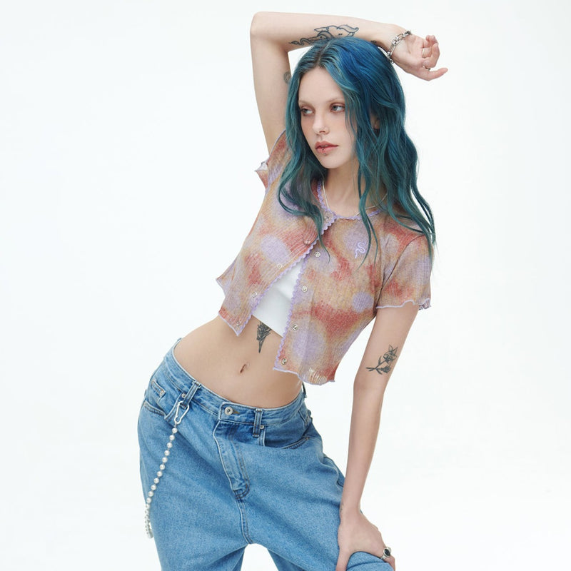 SSERPE WATER BUBBLE TIE-DYE CROP CARDIGAN PURPLE & ORANGE