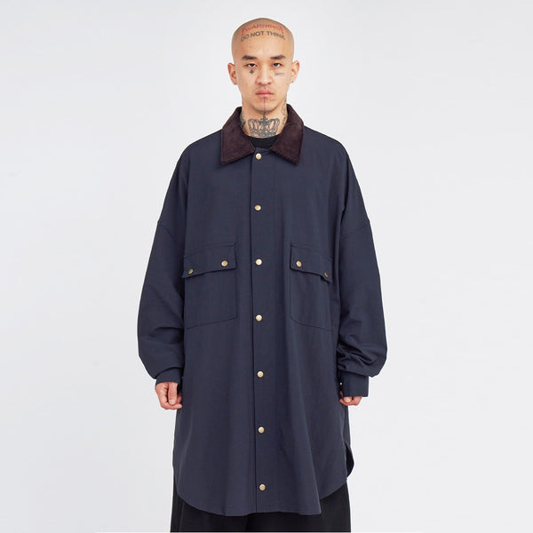 AJOBYAJO OVERSIZED WAX SHIRT JACKET NAVY