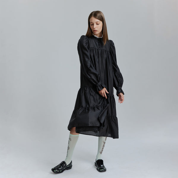 AVAVAV MIDI RUFFLE LACE COLLAR DRESS BLACK