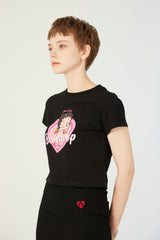 UL:KIN X BETTY BOOP HEARTCLUB SEMI-CROP T-SHIRT BLACK