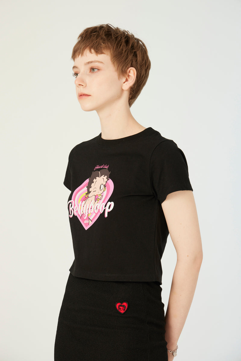 UL:KIN X BETTY BOOP HEARTCLUB SEMI-CROP T-SHIRT BLACK