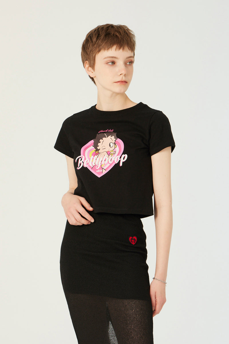 UL:KIN X BETTY BOOP HEARTCLUB SEMI-CROP T-SHIRT BLACK