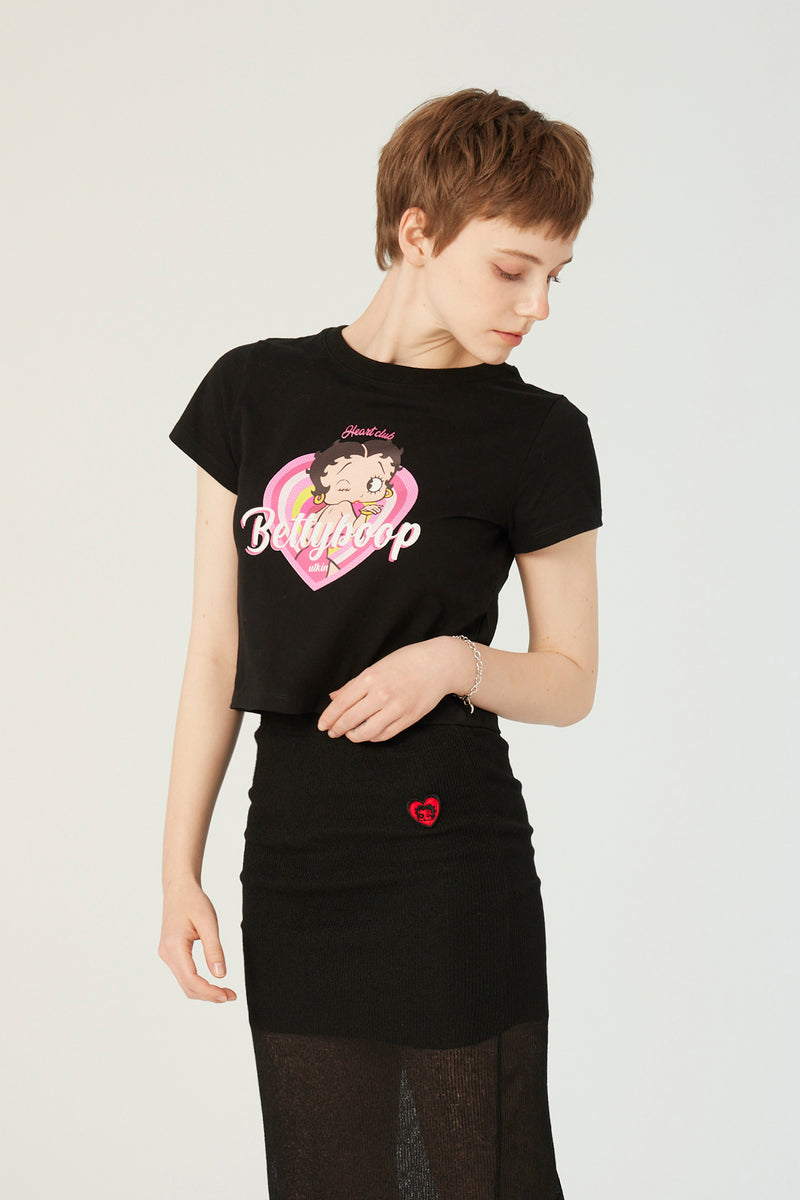 UL:KIN X BETTY BOOP HEARTCLUB SEMI-CROP T-SHIRT BLACK
