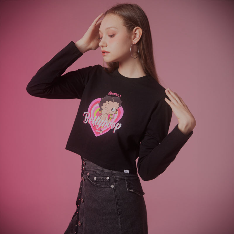 UL:KIN X BETTY BOOP LOVE POWER SEMI-CROP LONG SLEEVE T-SHIRT BLACK