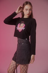 UL:KIN X BETTY BOOP LOVE POWER SEMI-CROP LONG SLEEVE T-SHIRT BLACK
