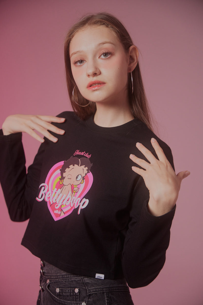 UL:KIN X BETTY BOOP LOVE POWER SEMI-CROP LONG SLEEVE T-SHIRT BLACK