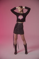 UL:KIN X BETTY BOOP LOVE POWER SEMI-CROP LONG SLEEVE T-SHIRT BLACK