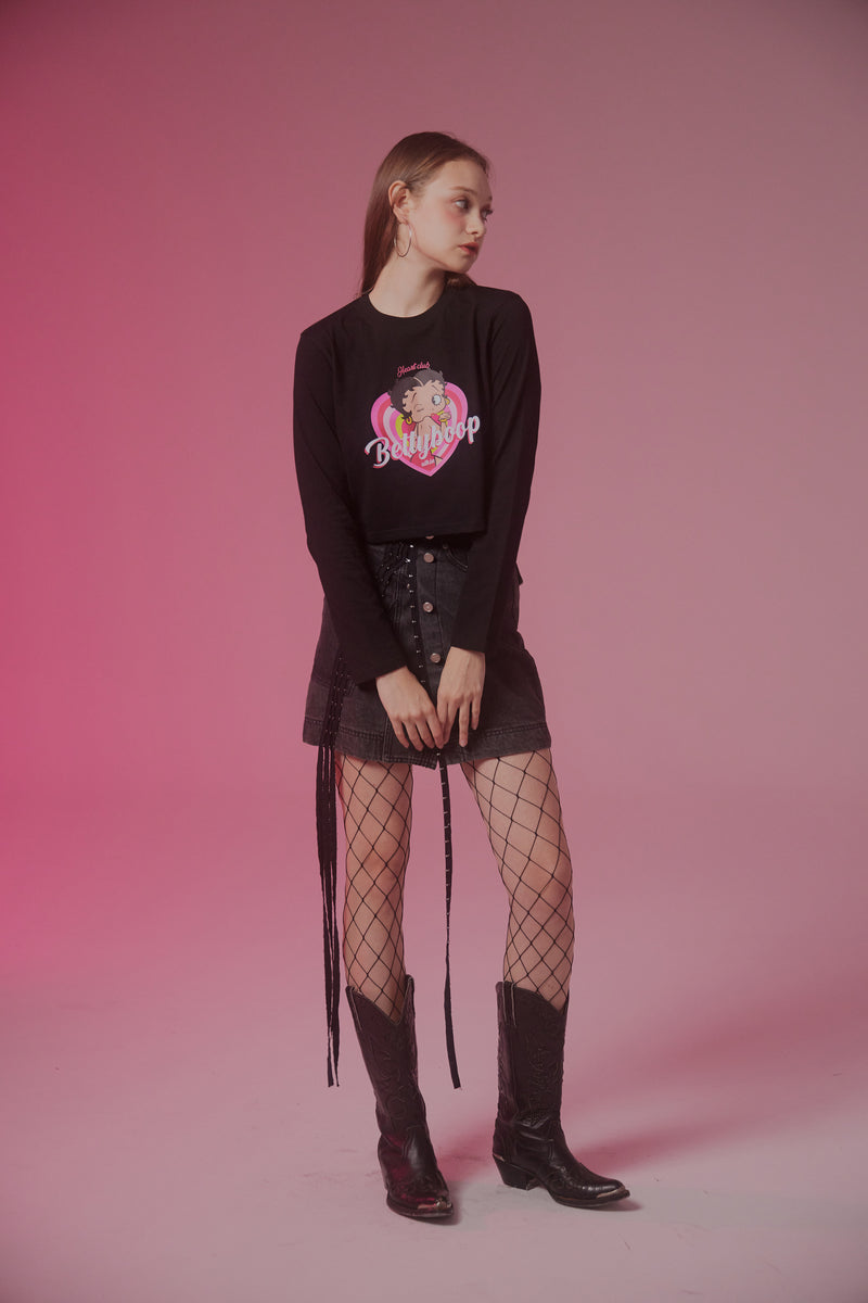 UL:KIN X BETTY BOOP LOVE POWER SEMI-CROP LONG SLEEVE T-SHIRT BLACK