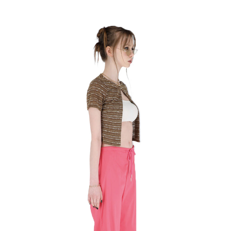 SETSETSET KNIT SHORT SLEEVE CROP CARDIGAN BROWN