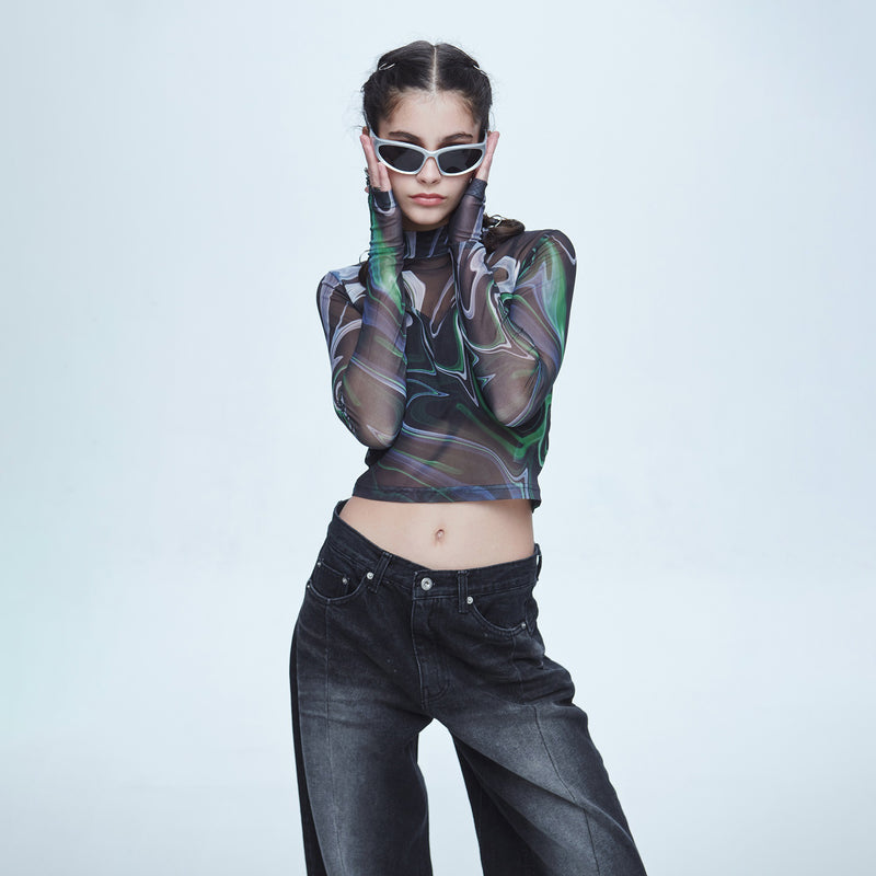 SSERPE MARBLING MESH HALF NECK CROP TEE MULTI