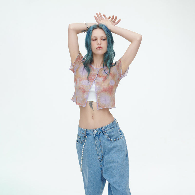 SSERPE WATER BUBBLE TIE-DYE CROP CARDIGAN PURPLE & ORANGE