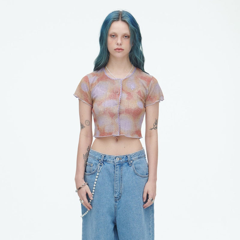 SSERPE WATER BUBBLE TIE-DYE CROP CARDIGAN PURPLE & ORANGE