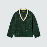 KOWLOON CITY BOY PINS COLLEGE CABLE SWEATER GREEN