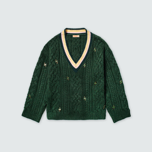 KOWLOON CITY BOY PINS COLLEGE CABLE SWEATER GREEN