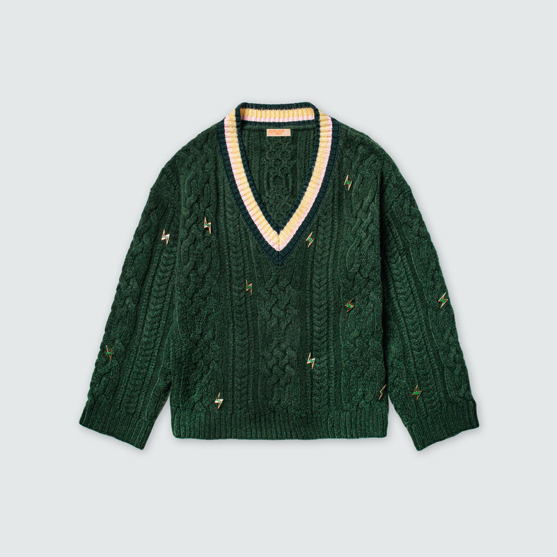 KOWLOON CITY BOY PINS COLLEGE CABLE SWEATER GREEN