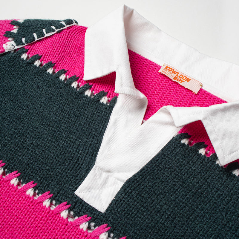 KOWLOON CITY BOY WINTER STRIPED POLO SWEATER PINK