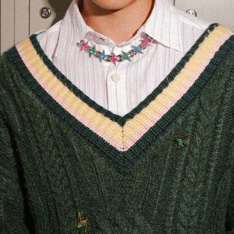 KOWLOON CITY BOY PINS COLLEGE CABLE SWEATER GREEN