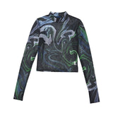 SSERPE MARBLING MESH HALF NECK CROP TEE MULTI