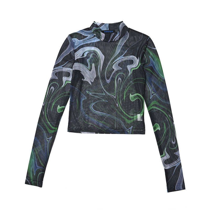 SSERPE MARBLING MESH HALF NECK CROP TEE MULTI