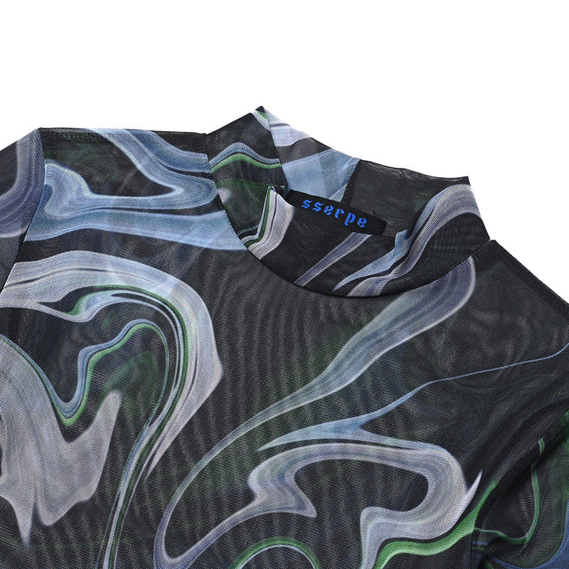 SSERPE MARBLING MESH HALF NECK CROP TEE MULTI