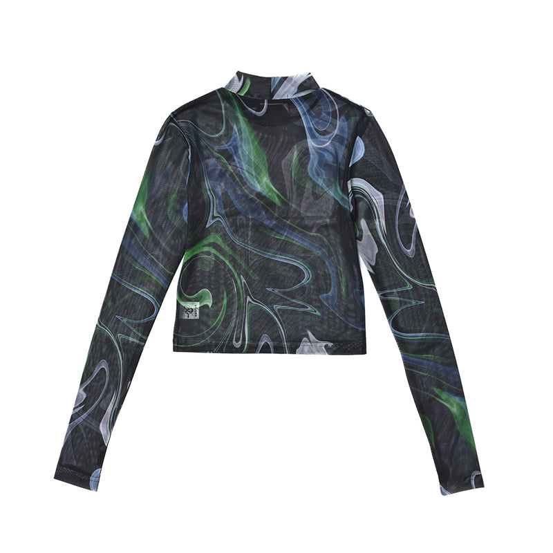 SSERPE MARBLING MESH HALF NECK CROP TEE MULTI