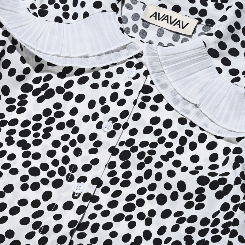 AVAVAV SHORT SLEEVE PLISSE COLLAR BLOUSE BLACK DOTS