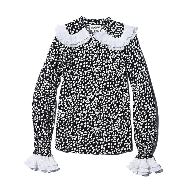 AVAVAV LONG SLEEVE PLISSE COLLAR BLOUSE WHITE DOTS