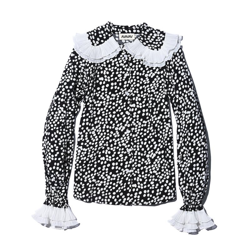 AVAVAV LONG SLEEVE PLISSE COLLAR BLOUSE WHITE DOTS