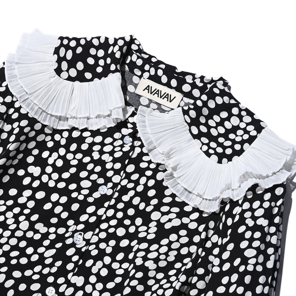 AVAVAV LONG SLEEVE PLISSE COLLAR BLOUSE WHITE DOTS