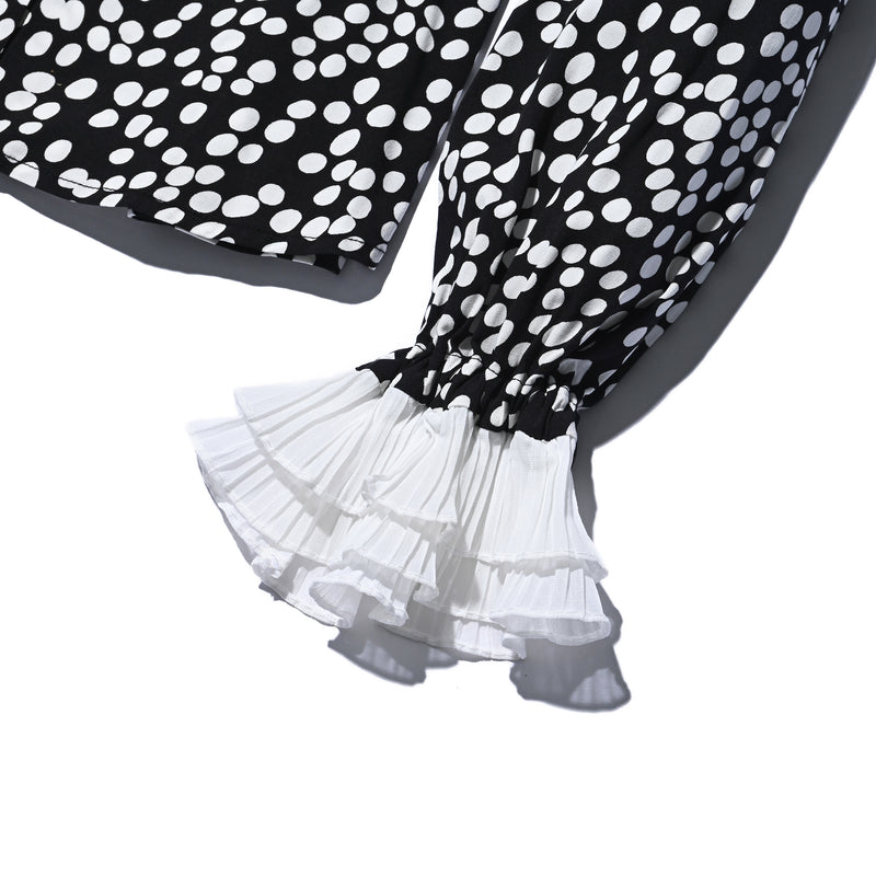 AVAVAV LONG SLEEVE PLISSE COLLAR BLOUSE WHITE DOTS