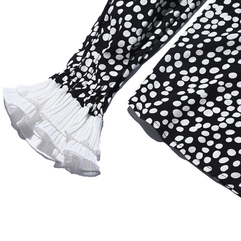 AVAVAV LONG SLEEVE PLISSE COLLAR BLOUSE WHITE DOTS