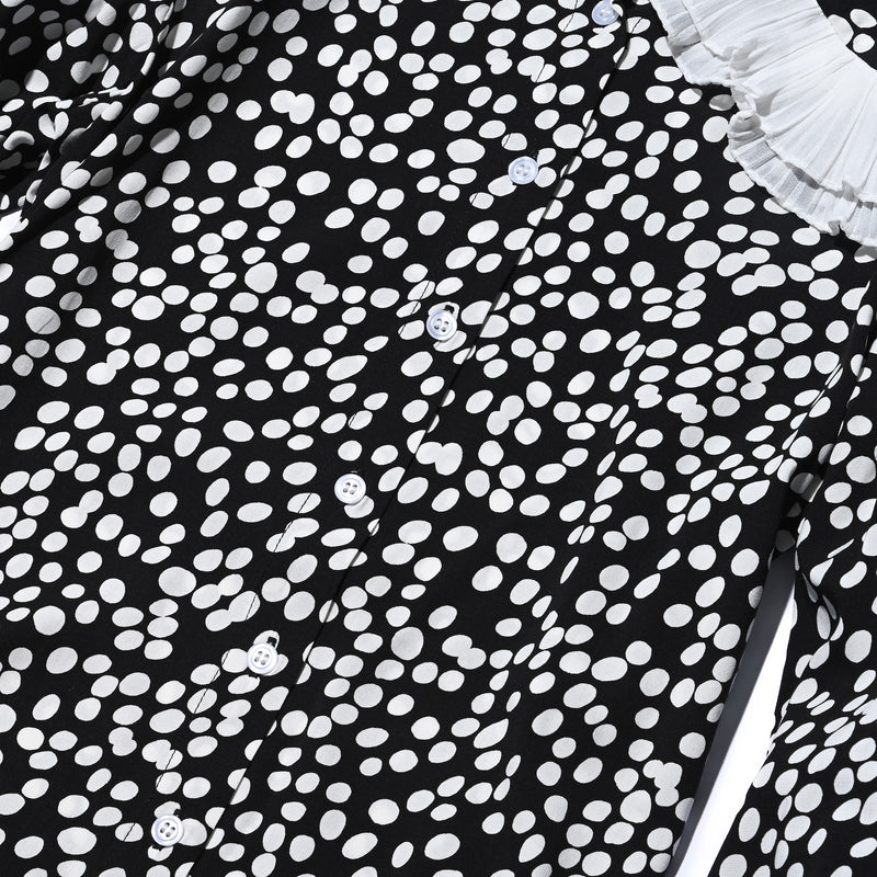 AVAVAV LONG SLEEVE PLISSE COLLAR BLOUSE WHITE DOTS