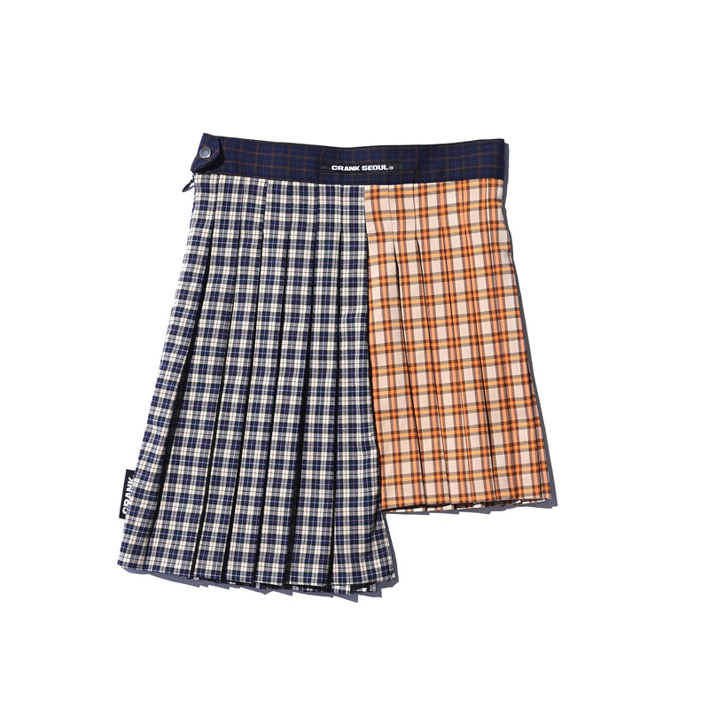 CRANK PLEATS MULTI CHECK ASYMMETRIC SKIRT