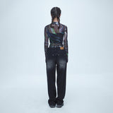SSERPE MARBLING MESH HALF NECK CROP TEE MULTI