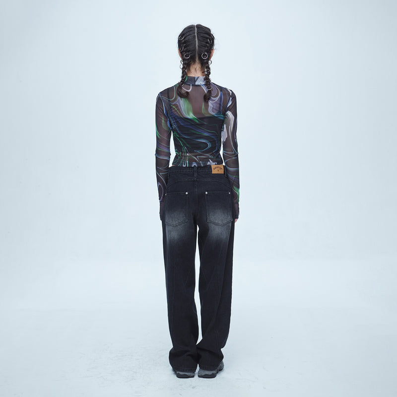 SSERPE MARBLING MESH HALF NECK CROP TEE MULTI