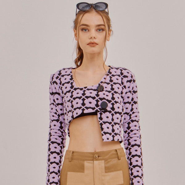SETSETSET FLOWER KINT CROP CARDIGAN PURPLE