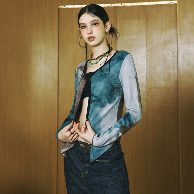 SETSETSET WATERCOLOR KNIT CUTTING CARDIGAN BLUE