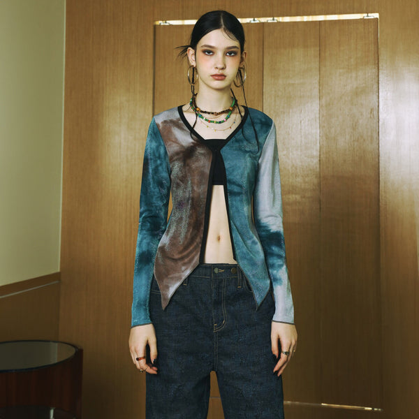 SETSETSET WATERCOLOR KNIT CUTTING CARDIGAN BLUE