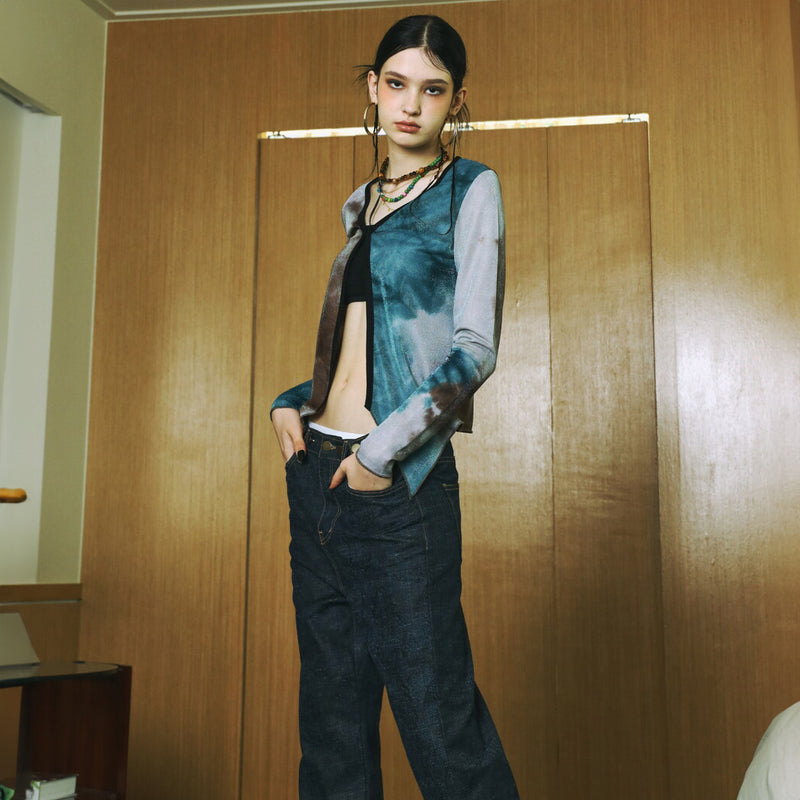 SETSETSET WATERCOLOR KNIT CUTTING CARDIGAN BLUE