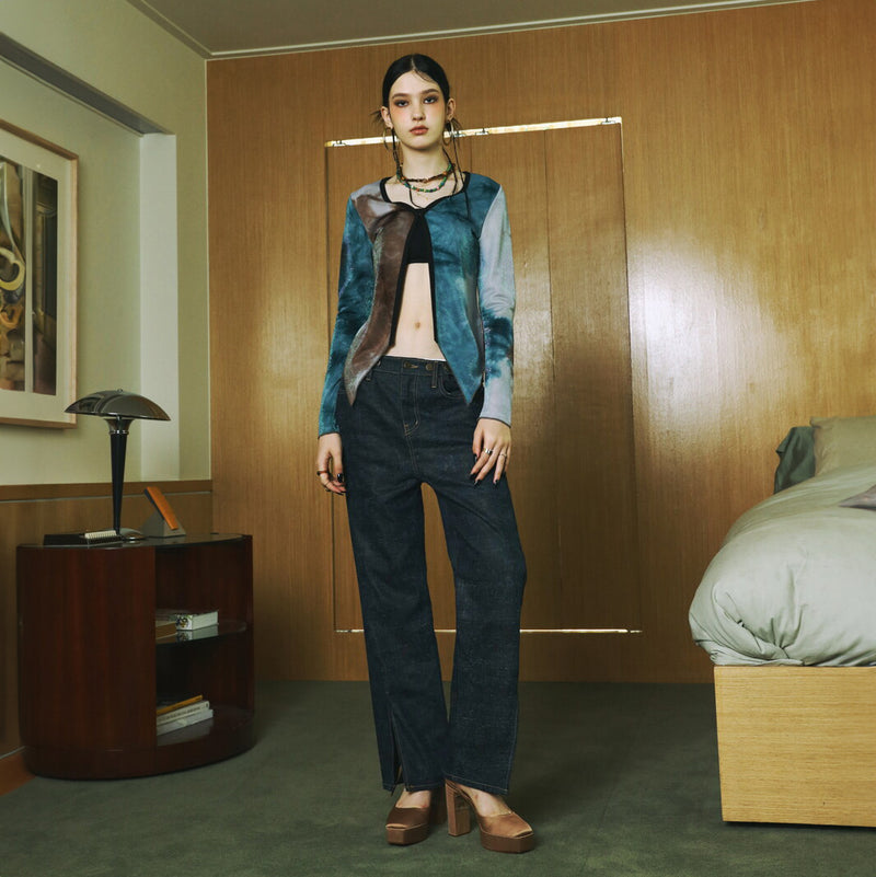SETSETSET WATERCOLOR KNIT CUTTING CARDIGAN BLUE