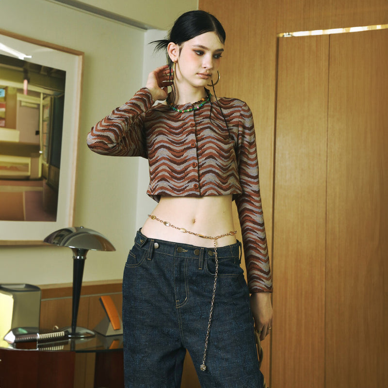 SETSETSET WAVE JACQUARD KNIT CARDIGAN BROWN