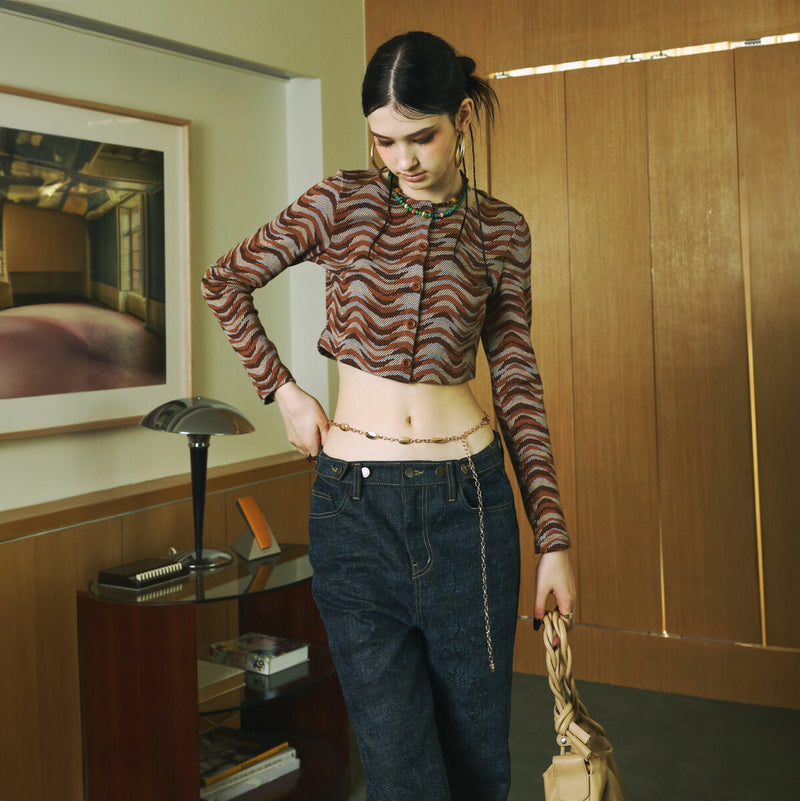 SETSETSET WAVE JACQUARD KNIT CARDIGAN BROWN